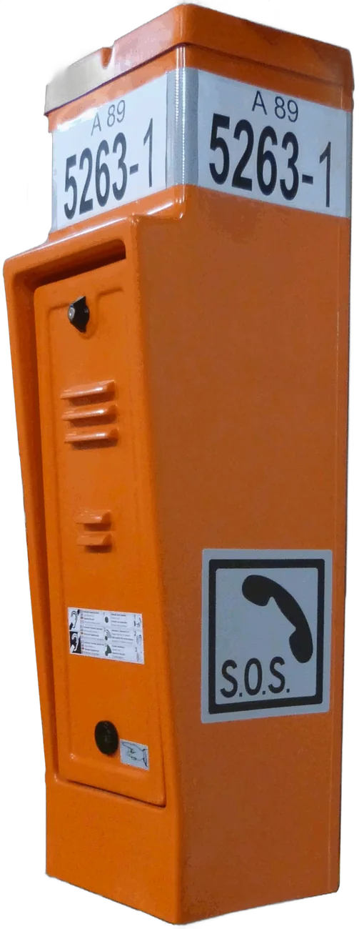 Poste de auxilio SOS con identificador de kilómetro y pictograma de teléfono de emergencia