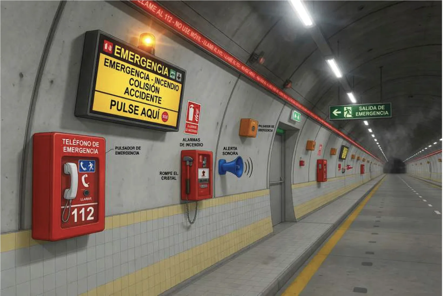 Esquema de equipamiento de emergencia en un túnel carretero: teléfono de emergencia, pulsador, alarmas de incendio, alerta sonora y salida de emergencia